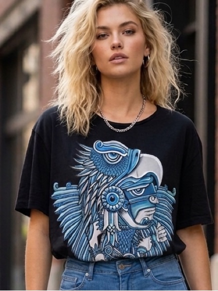 Ay Gey Black Graphic T-Shirt With Blue Aztec Eagle Design